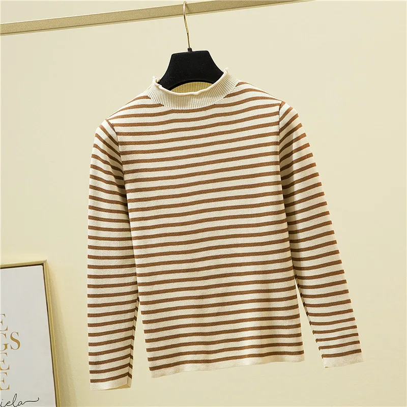 

Knitting Autumn Winter New 2021 Fashion Sweater Striped Casual Long Sleeve Knitwear Women Loose Mock Neck Pullover Tops Female
