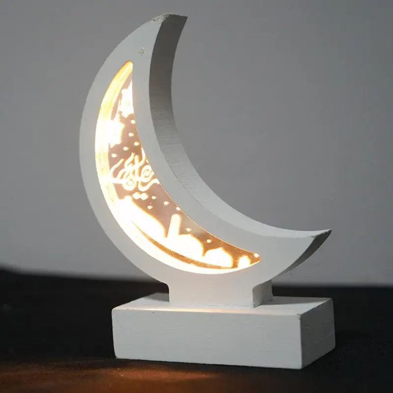 

2021 New Ramadan Eid Mubarak Wooden Ornament Moon Lamp LED Night Light Islam Mosque