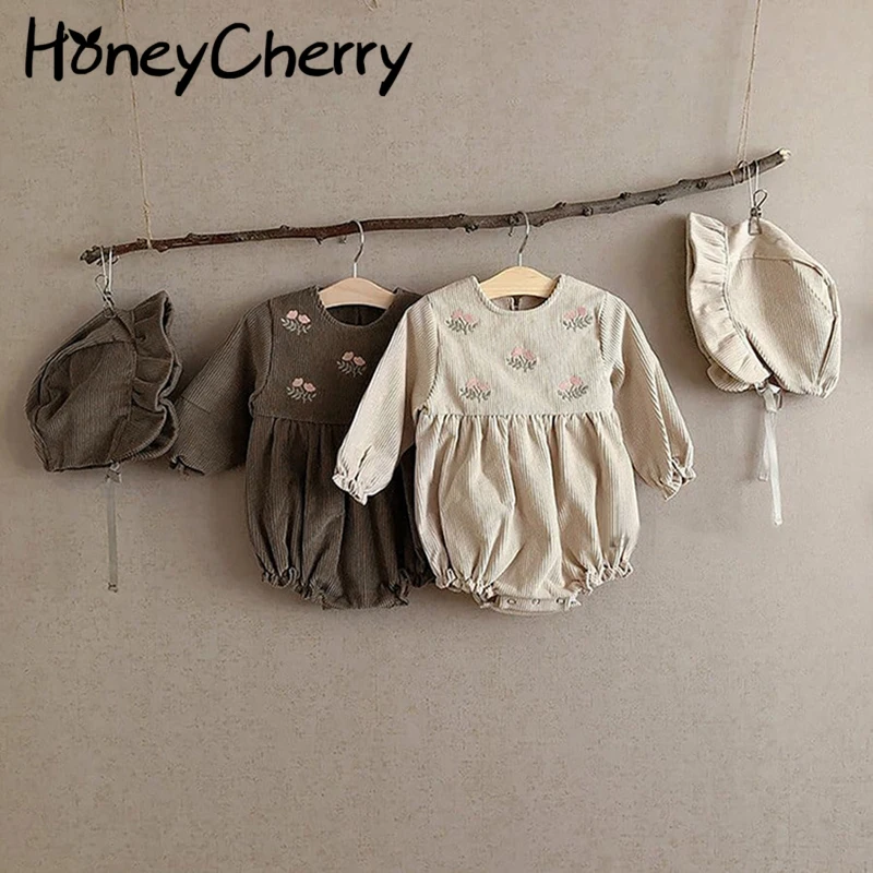 HoneyCherry 2021 autumn embroidered corduroy infant leotard baby Romper + hat baby girl clothes infant girl clothes