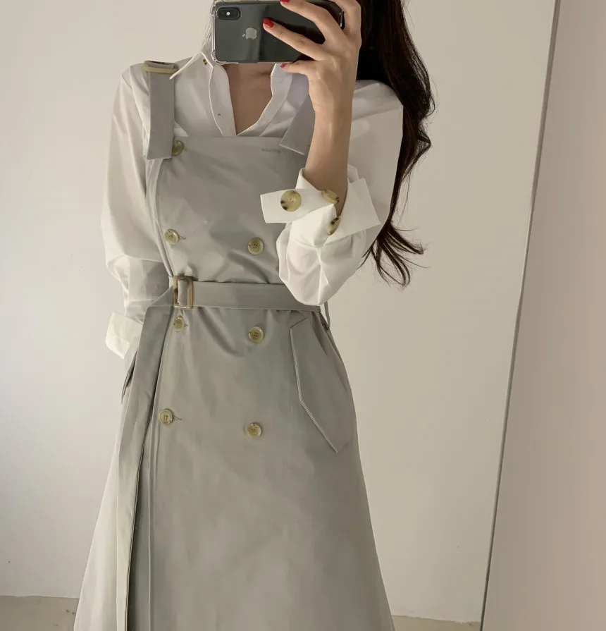 New Women Shirts Double Breasted Elegantlted Waist + Blouse Gray Braces White Shirt Black Suspenders 9704