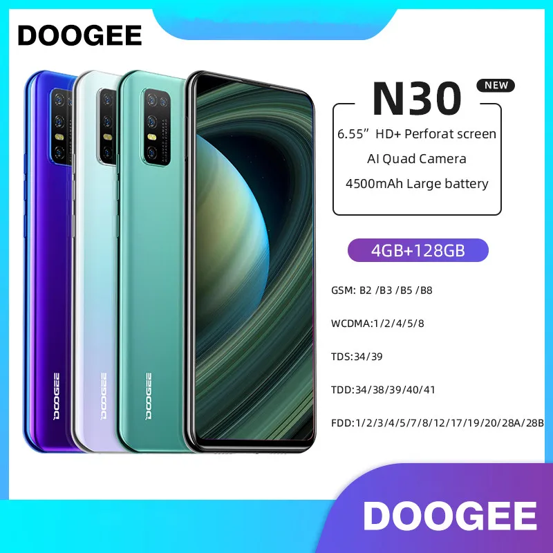 Перейти на Алиэкспресс и купить Смартфон глобальная версия DOOGEE N30, 6,5 дюйма, 4 + 128 ГБ, 8-ядерный, 4500 ма ч, Android 10