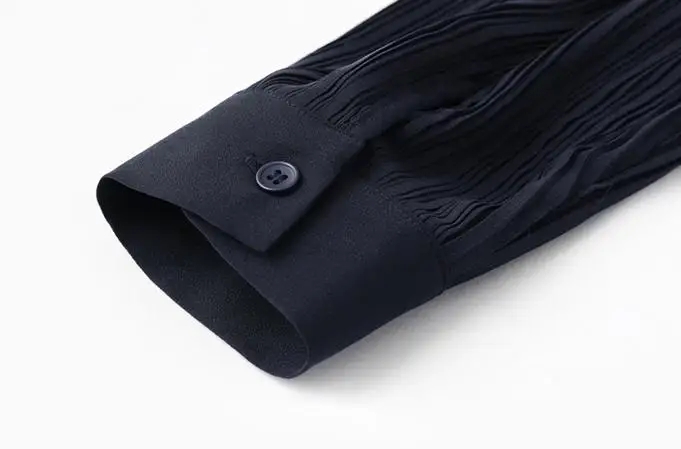 

Korean Office Ladies Womens Navy Long Sleeve Pleated Chiffon Blouse , Fall Spring Embroidery Tops and Blouses Shirt for Woman