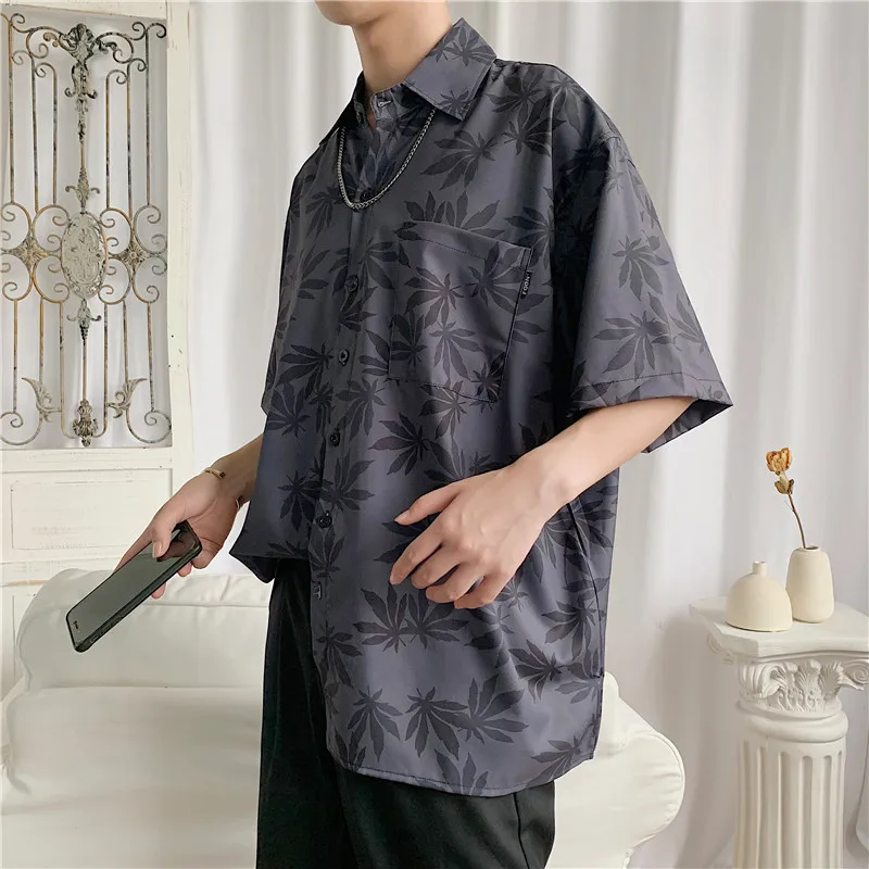 

2021 summer floral shirt men's short sleeve ruffian thin shirt casual loose trend half sleeve jacket Maple leaf