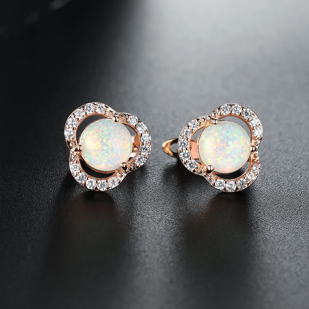 

Fashion Design Opal Earrings for Women Rose Gold Flower Clover Full Zircon Stud Earrings Ear Buckle Girls Birthday Jewelry Gift