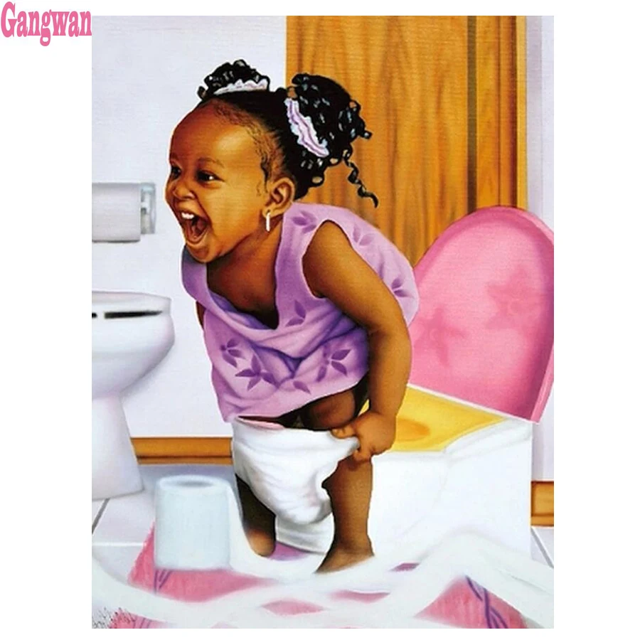 

Full round diamond embroidery African little girl Toilet diamond painting 5D square by hand 3d gift picture rhinestones WC decor