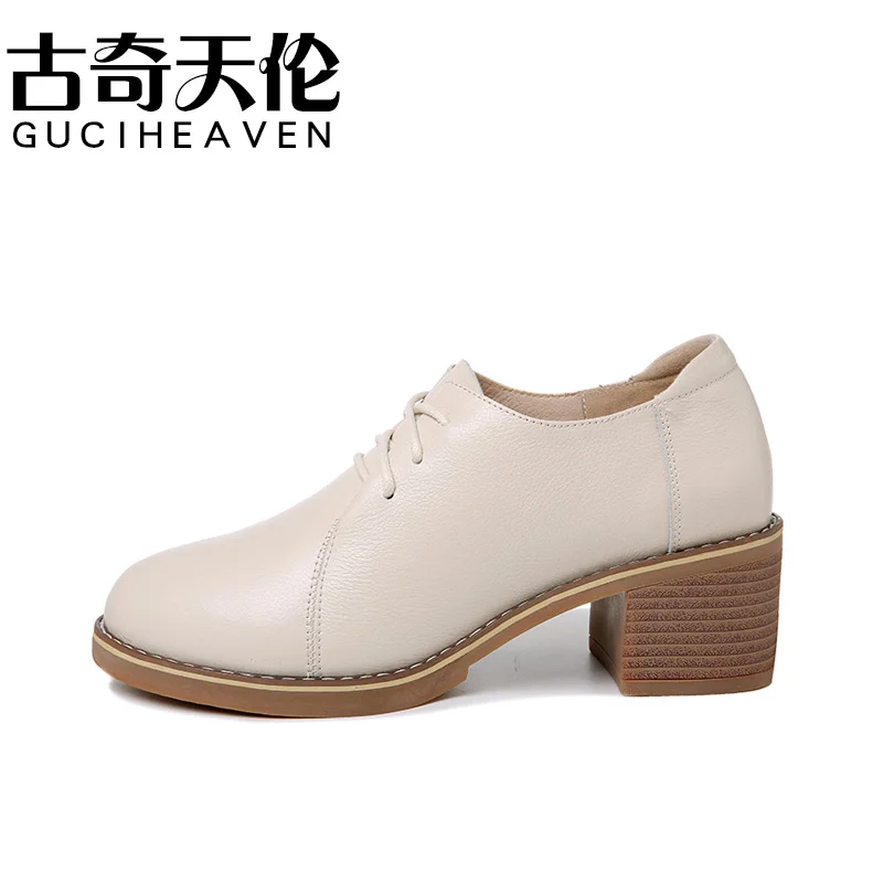 

Ladies winter round toe thick heel single shoes lace solid color women's shoes