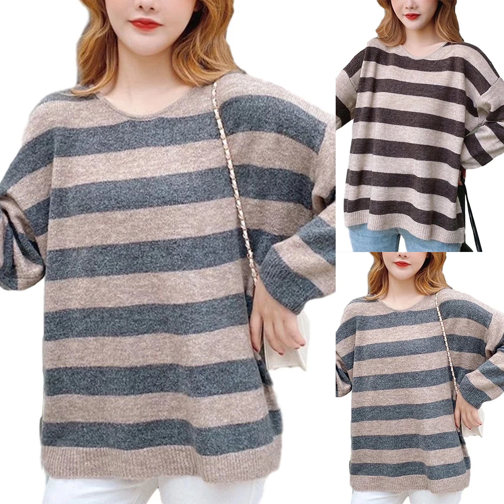 

VICABO Women Loose Sweater Striped Long Sleeve Sweater Pullover Casual Crew Neck Basic Jumper Top O-neck Knitted Sweater Woman