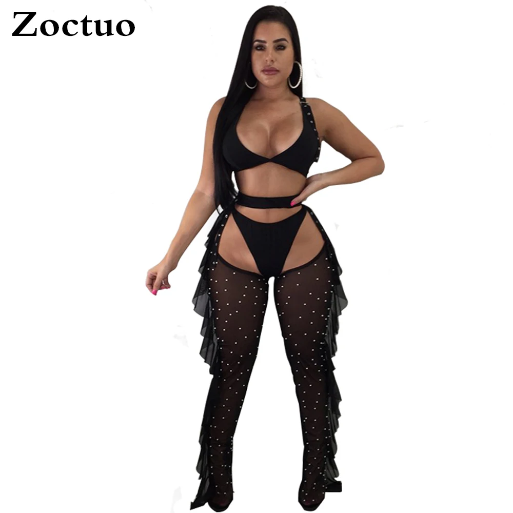 Женский пикантный Комплект из трех предметов прозрачная сетка с бисером и