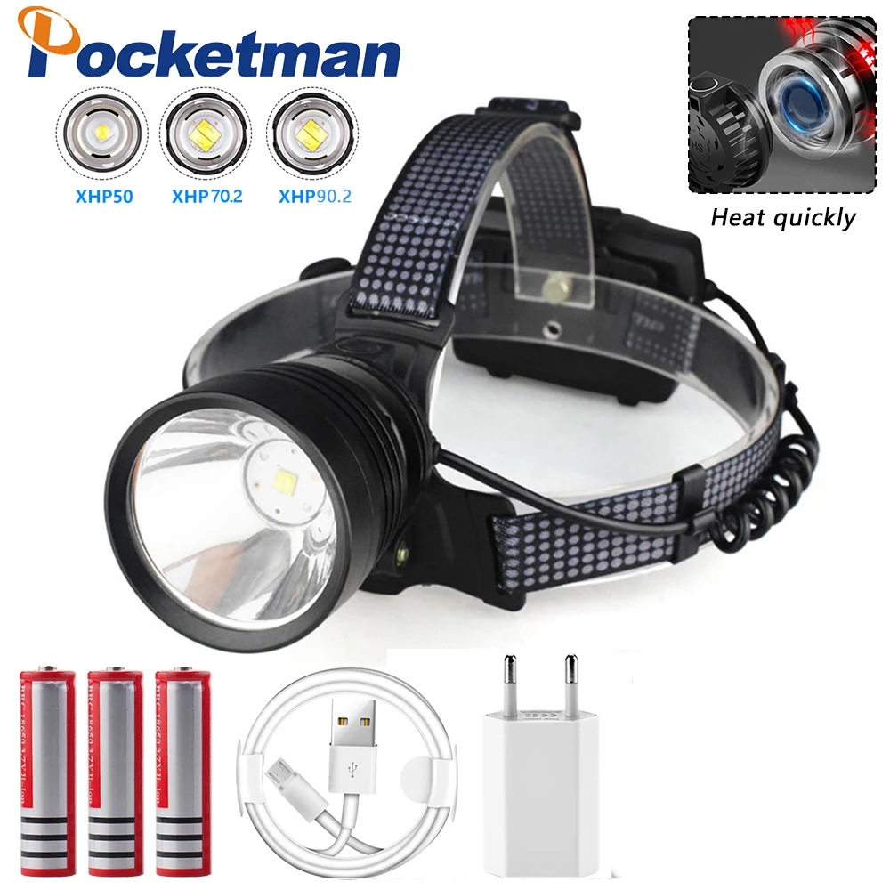 

8000 Lumen XHP-90.2 led Headlamp Fishing Camping headlight High Power lantern Head Lamp Zoomable USB Torches Flashlight 18650