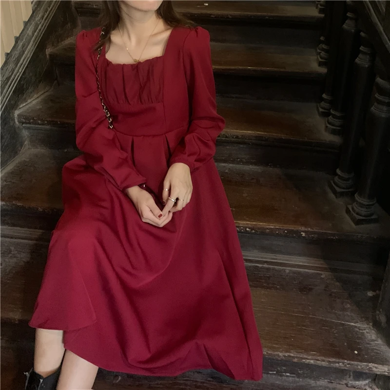

Vintage Fashion Elegant Girly Dress Female Sweet Kawaii Woman Red Dresses A-Line Square Collar Puff Sleeve Lace Lolita Dresses