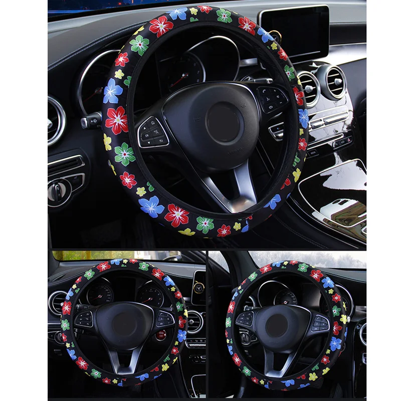 

38CM Car Cute Flower Printed Colorful Steering Wheel Cover Elastic No Inner Ring All Seasons Universal Suitable For Most Cars