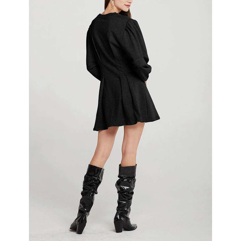 

Fashion Pleated Dress Lantern Sleeve A-line Sweater Dress Gray Black Dresses For Women O Neck Mini Dresses XL Streetwear