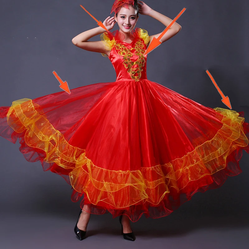 Женская юбка для фламенко атласная с длинным рукавом и цветочным принтом