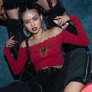 ALLNeonготические футболки с открытыми плечами, однотонные укороченные топы с вышивкой спереди и длинными рукавами, Модные Весенние футболки для девочек в стиле панк