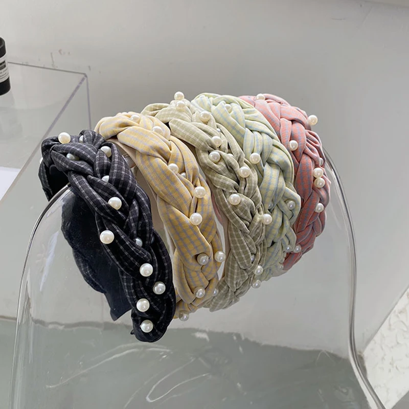 

Adult Hair Accessories Hair Hoop Fashion Women's Headwear Fresh Lattice Cloth Twist Braid Pearls Hairband Casual Headband