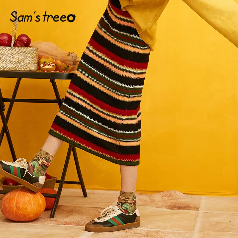 SAM'S TREE, цветные полосатые вязаные юбки-карандаш для женщин, осень, черные однотонные юбки в Корейском стиле, повседневные офисные женские юбки