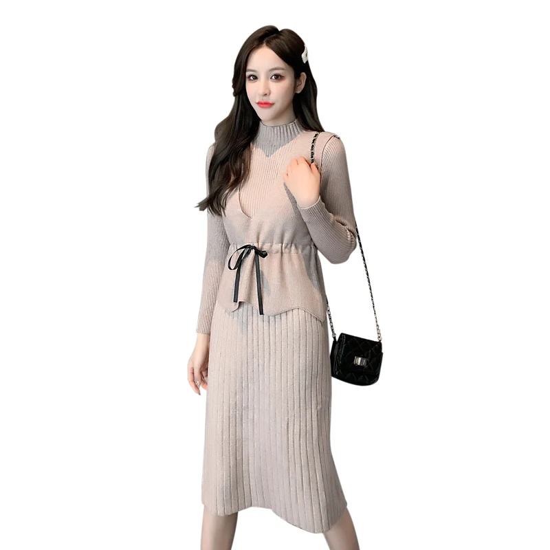 

New Elegant Women Autumn Winter Knit Two-piece Set Dress Base Pure Color Mid-length Sweater Dress