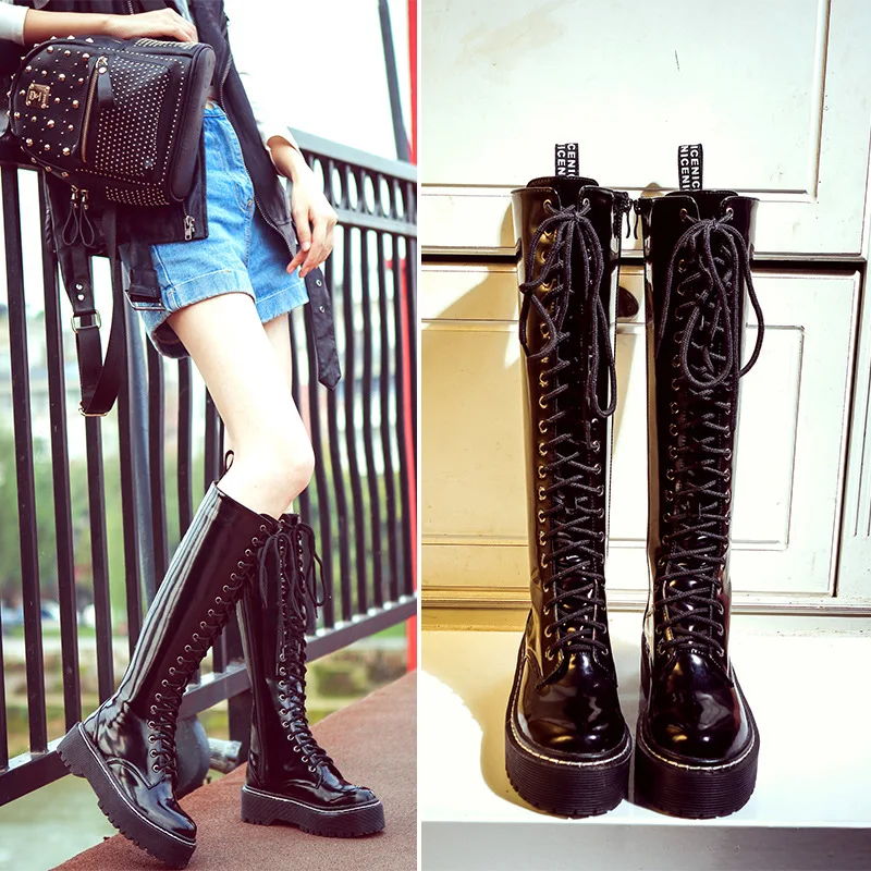 Женские зимние высокие сапоги Сапоги до колена из лакированной кожи на шнуровке