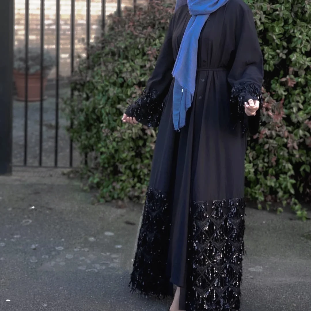 

Muslim Sequins Abaya Cardigan Dress Kimono Long Robe Gowns Jubah Dubai Middle East Ramadan Eid Arab Islamic Musulmane Caftan