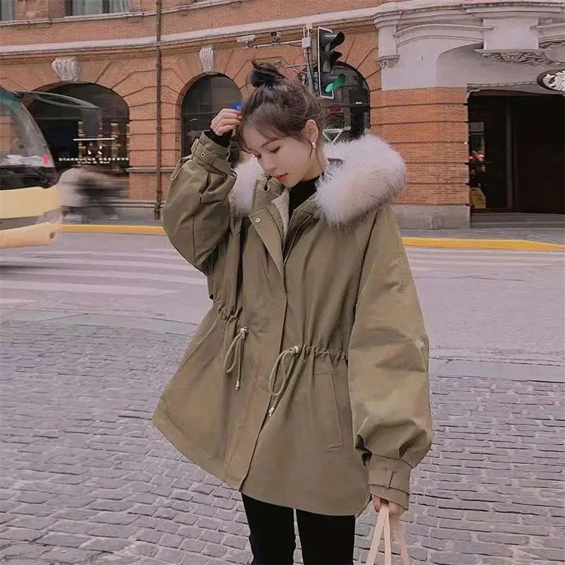 Velvet Parker Padded Jacket Women 2022 Winter New Thick Warm Jacket Tooling Cotton-padded Waist Hooded Padded Jacket M572