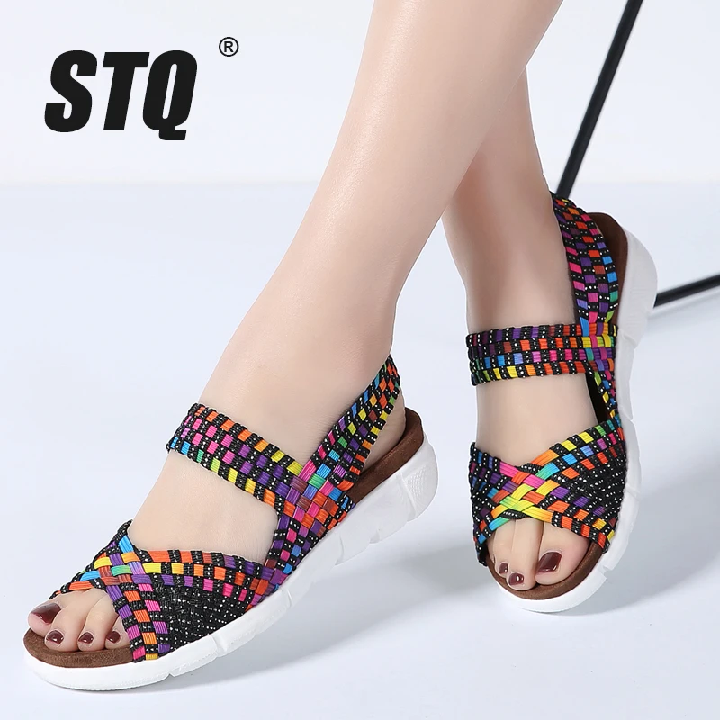 STQ 2020 женские сандалии на плоской подошве Женские плетеные босоножки танкетке