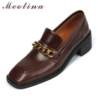 meotina square toe shoes women genuine leather mid heel pumps chain block heels loafers shoes cow leather footwear lady brown 40