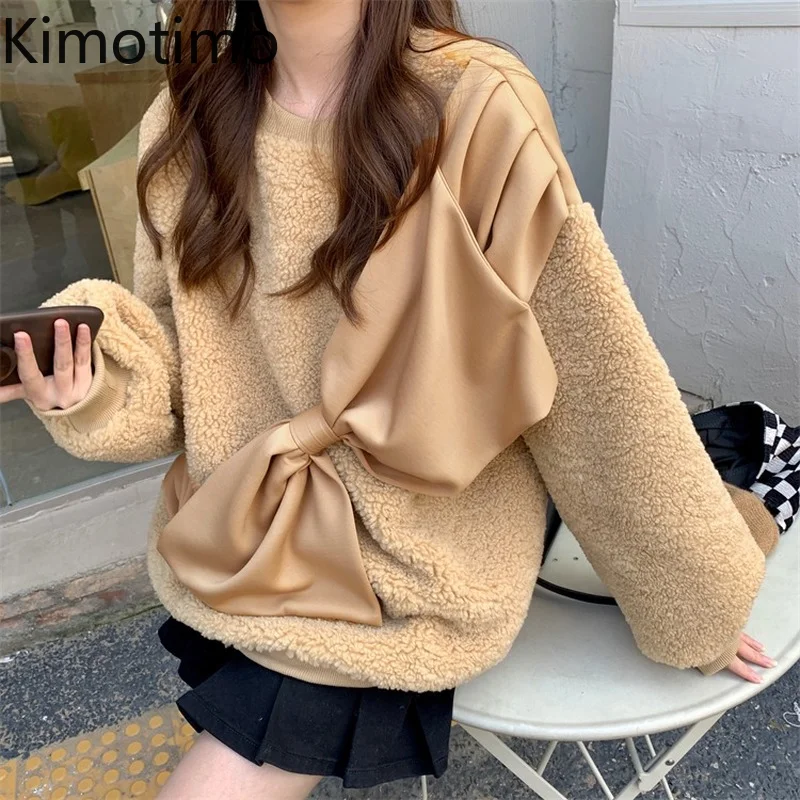 

Kimotimo Bow Lamb Wool Pullover Sweatshirt Women Autumn Winter Design Loose O-neck Tops Korean Fashion Long Sleeve Lazy Clothes