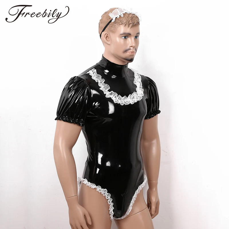 Men Adults Sissy Maid Dresses Cosplay Costume Set Wetlook Clubwear Latex Leather Puff Sleeve Leotard Bodysuit with Lace Headband