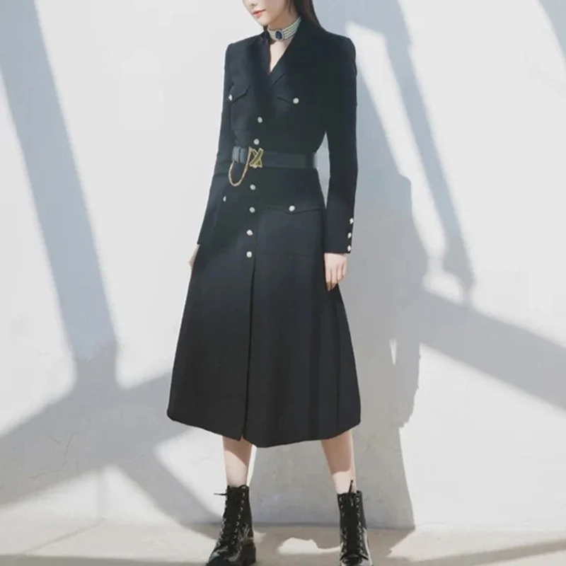 

Elegant Ladies Black Blazer Dress 2020 Autumn Winter Women Vintage Turn-down Collar Long Sleeve Slim Midi Dresses with Sashes