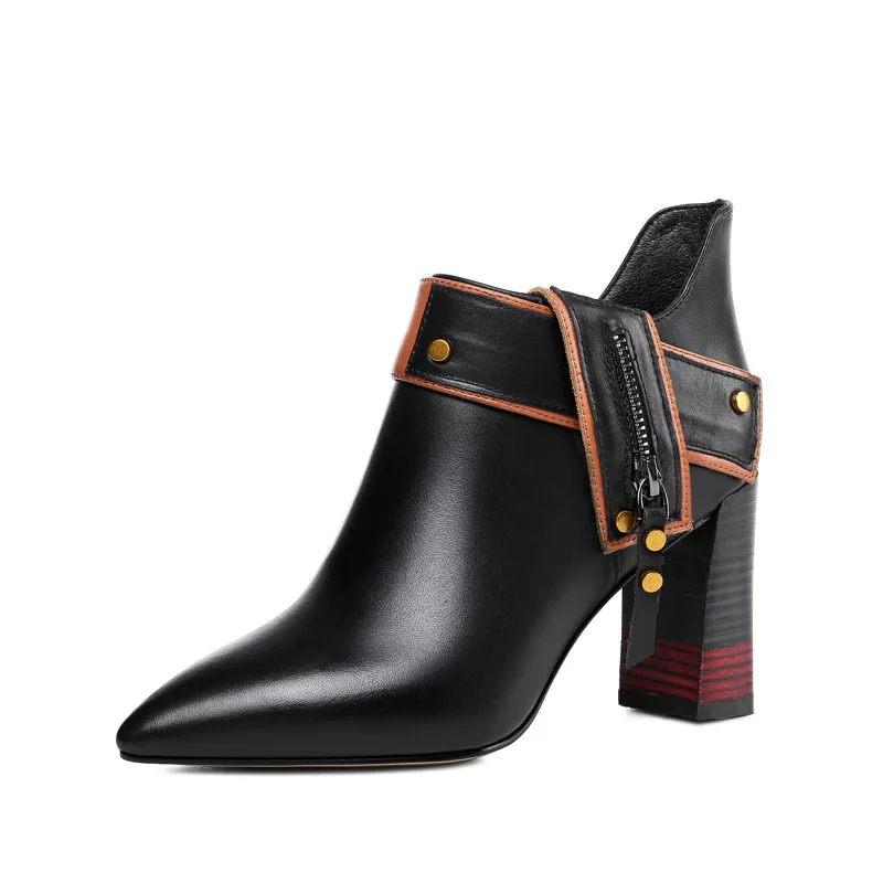 

elegant pointed women's shoes leather thick heel super high heel side zipper Black Beige short tube boots