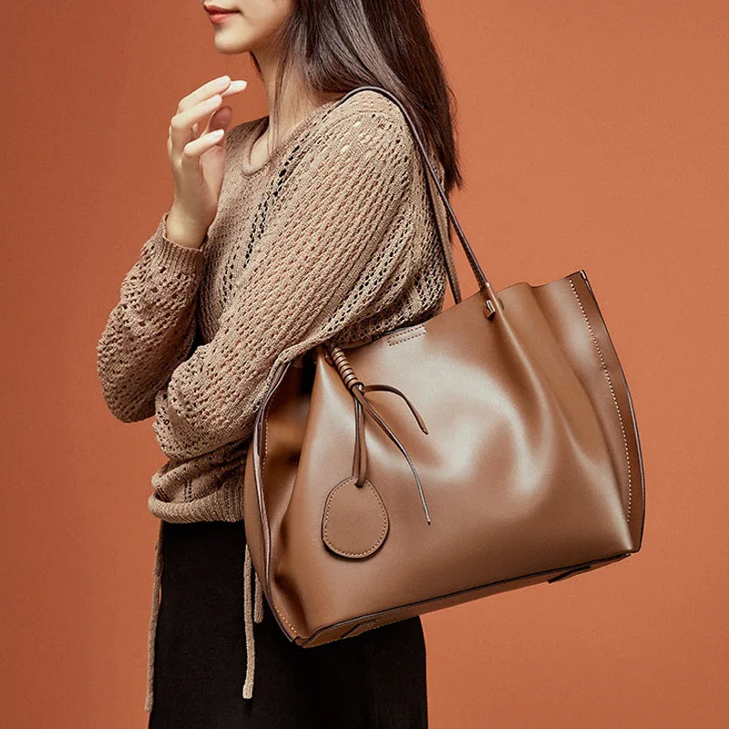 

Ladies Fashion Large Capacity Totes Bag Women's Split Leather Handbags Leisure Solid Color Shopping Shoulder Bags New 2021