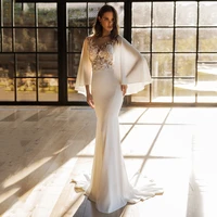 chiffon mermaid wedding dresses scoop neck batwing sleeves ivory white bridal gowns lace appliques zipper buttons robe de mariee