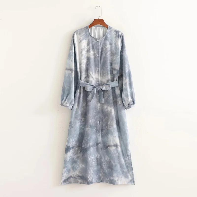 

Print Long Dress Women Elegant With Belt Long Sleeve Button Casual Dresses Women Dress 2021 Summer Fashion tie dye