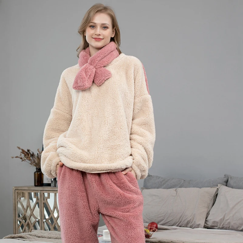 Флисовый пижамный комплект для женщин однотонная зимняя махровая женская пижама