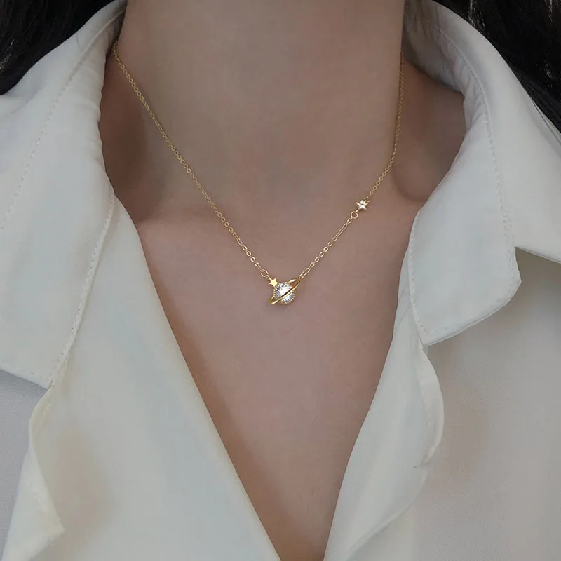 

925 Sterling Silver Planet-shape Necklace for Women Exquisite Zircon Clavicle Chain Necklace Jewelry S-N710