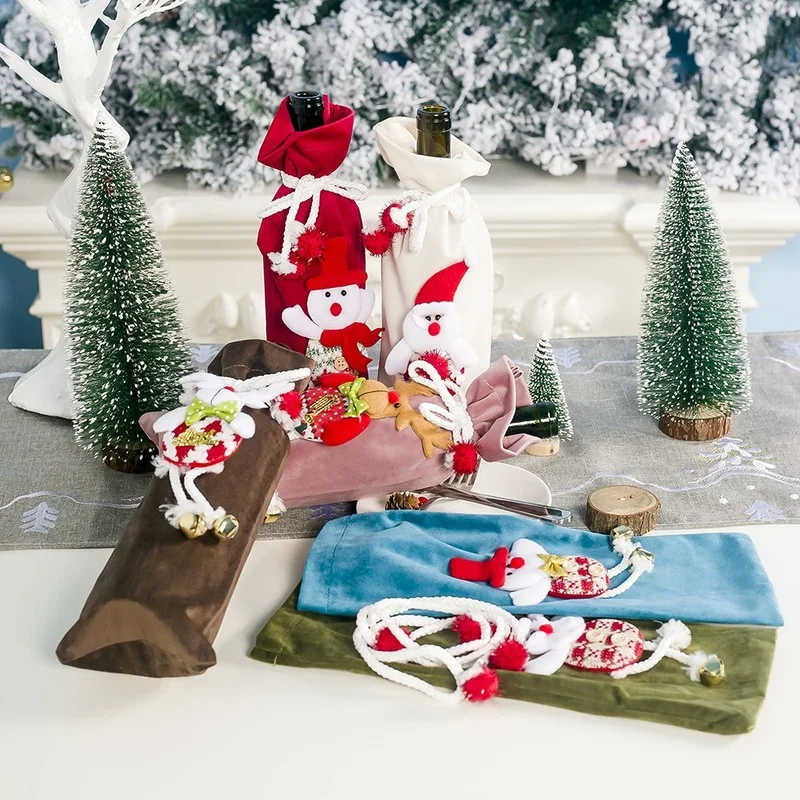 

1 Pc Christmas Decorations Three-dimensional Cloth Art Doll Christmas Flannel Red Wine Cover Champagne Bottle Cover Ornaments