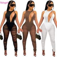 adogirl pleated sheer mesh patchwork women sexy jumpsuit hollow out sleeveless bodysuit one piece stacked trousers club overalls