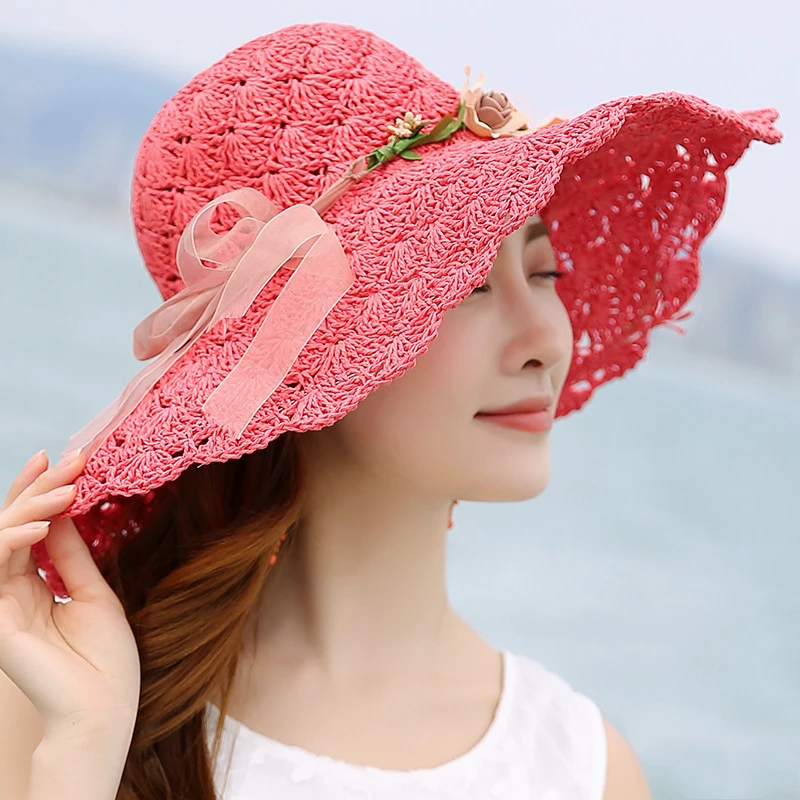 Женская соломенная шляпа с широкими полями летняя пляжная в Корейском стиле