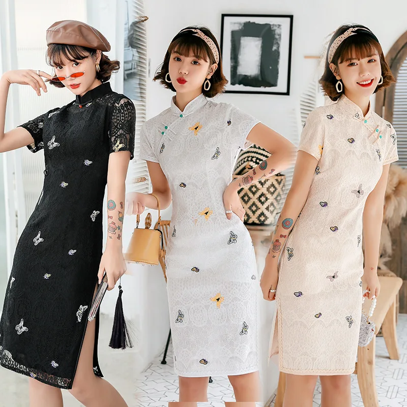 

New Lace Women's Traditional Chinese Cheongsam Dresses Vestido Printing Stand Collar Short Sleeve Silk Plus Size 3XL