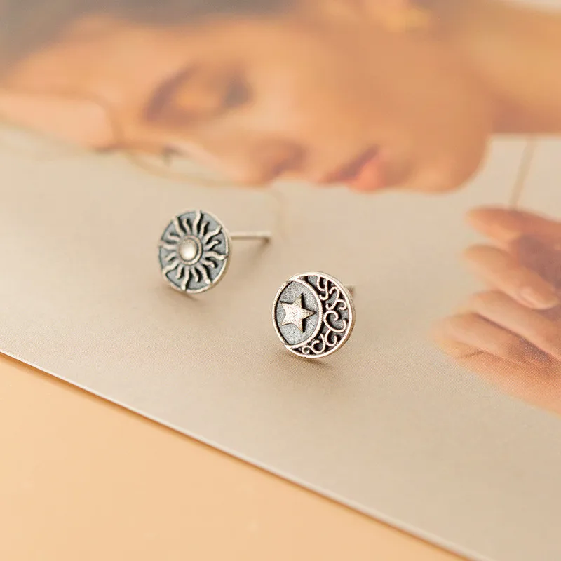DAIWUJAN Vintage Asymmetric Thai Silver Sun Moon Stud Earrings For Women 925 Sterling Star Femme Jewelry Gifts | Украшения и