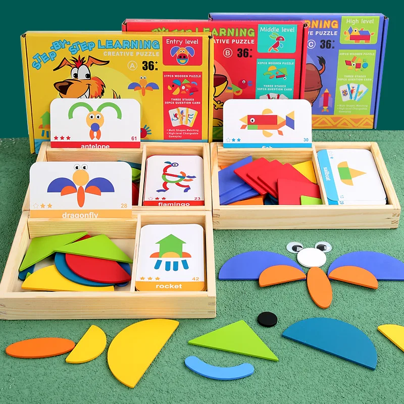 

Colorful 3D Puzzle Wooden Tangram Math Toys Tetris Game Children Pre-school Magination Intellectual Educational Toy for Kids