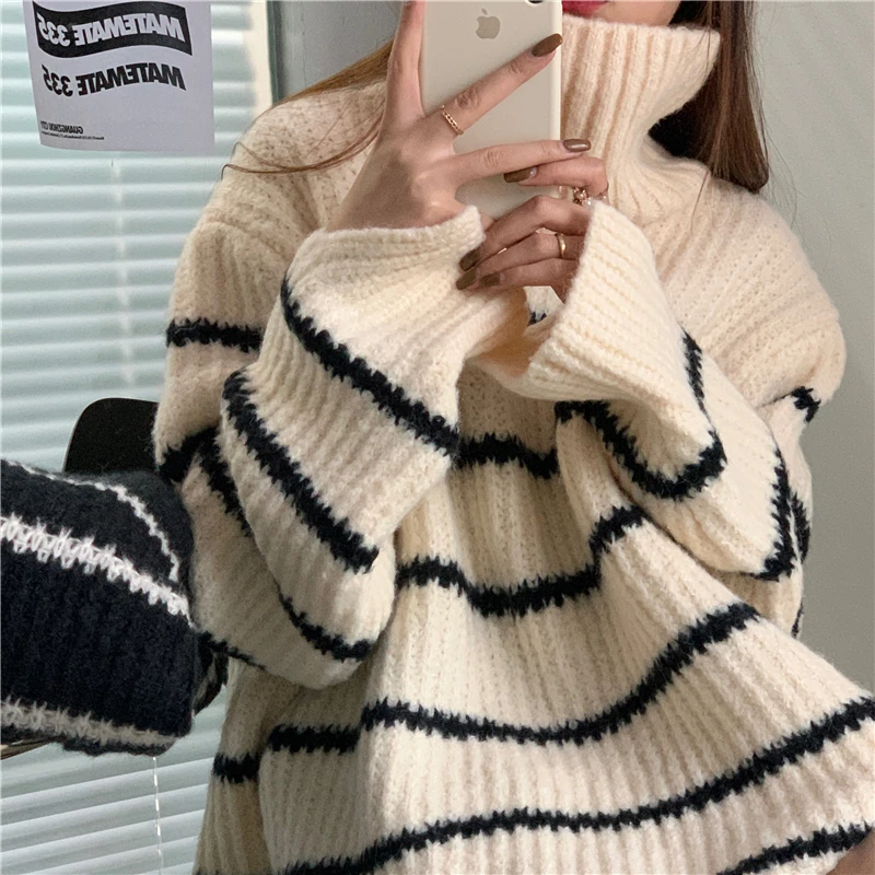 

SuperAen Casual All Match Thickened Warm Turtleneck Striped Loose Full Woman Sweaters