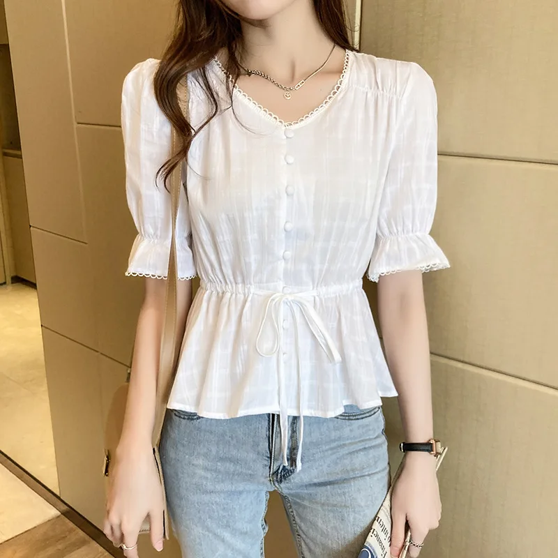 

Shirt long sleeve waist down top new white lace up skirt blouse for spring