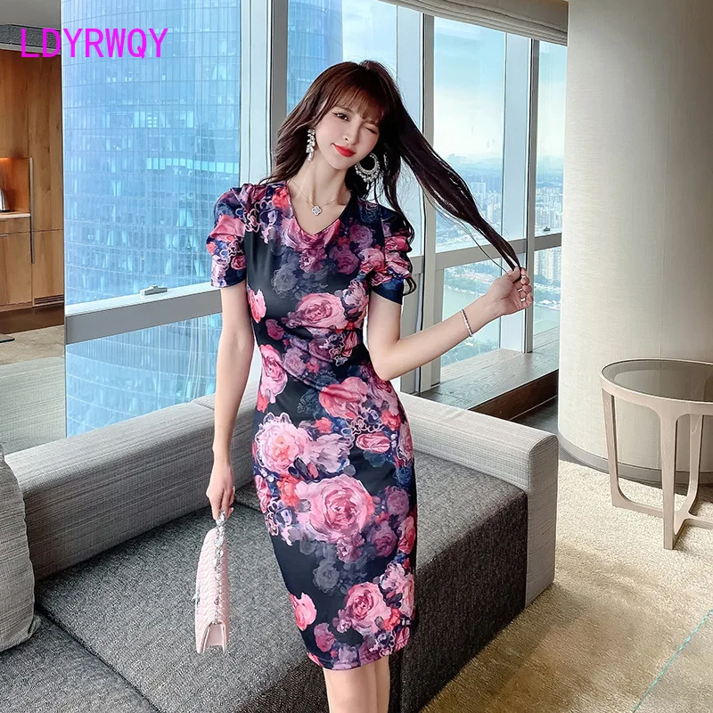 

Платье LDYRWQY в стиле ретро с рисунком масляной живописи, летнее, новый стиль, французский, зрелый, сексуальный, с V-образным вырезом, с поясом, д...