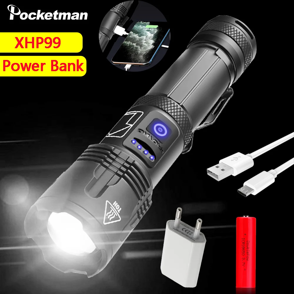 

Pocketman 30000LM XHP99 LED Flashlight 5 Modes Telescopic Zoom Torch Waterproof XHP70 Use 18650 26650 With Pen Holder Tail Rope