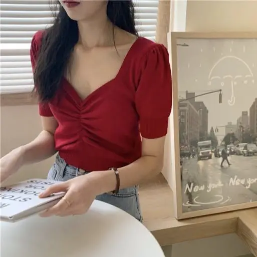 

Korean Style 2021 Summer V-neck Pleating Design Cute Youth-Looking Red White Short Sleeve Knitwear Short Top