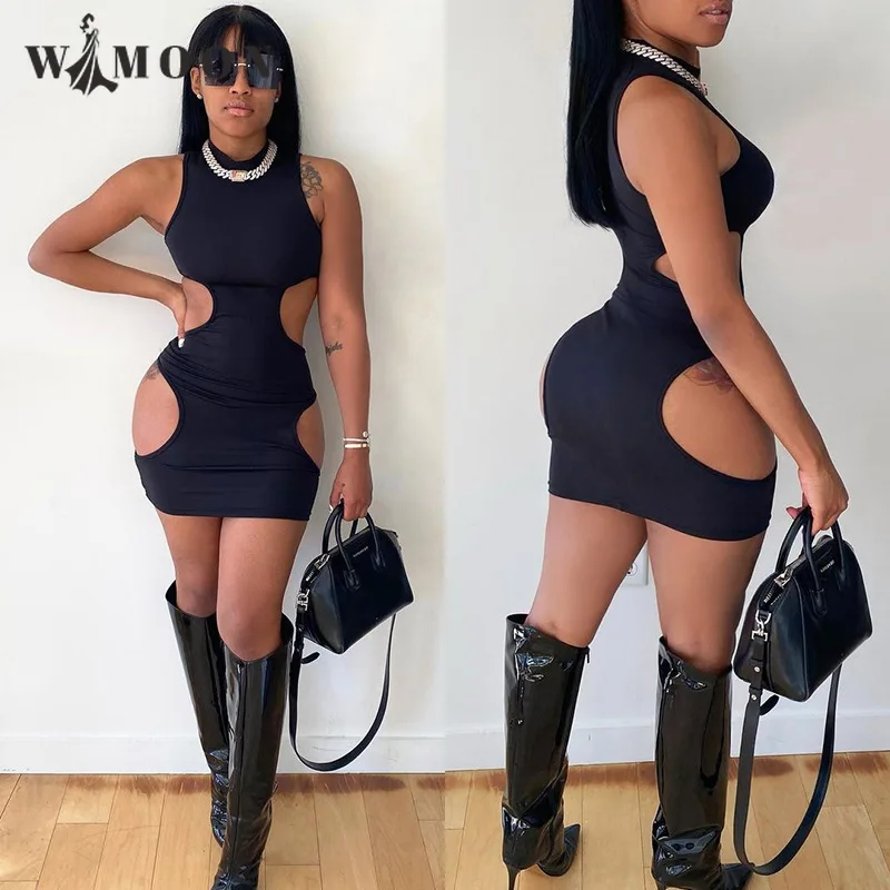 

Summer Hollowed Out Sleeveless Dress Club Sexy New O-Neck Mini Bodycon Evening Party Solid Color Slim Y2K Pencil Dresses Women