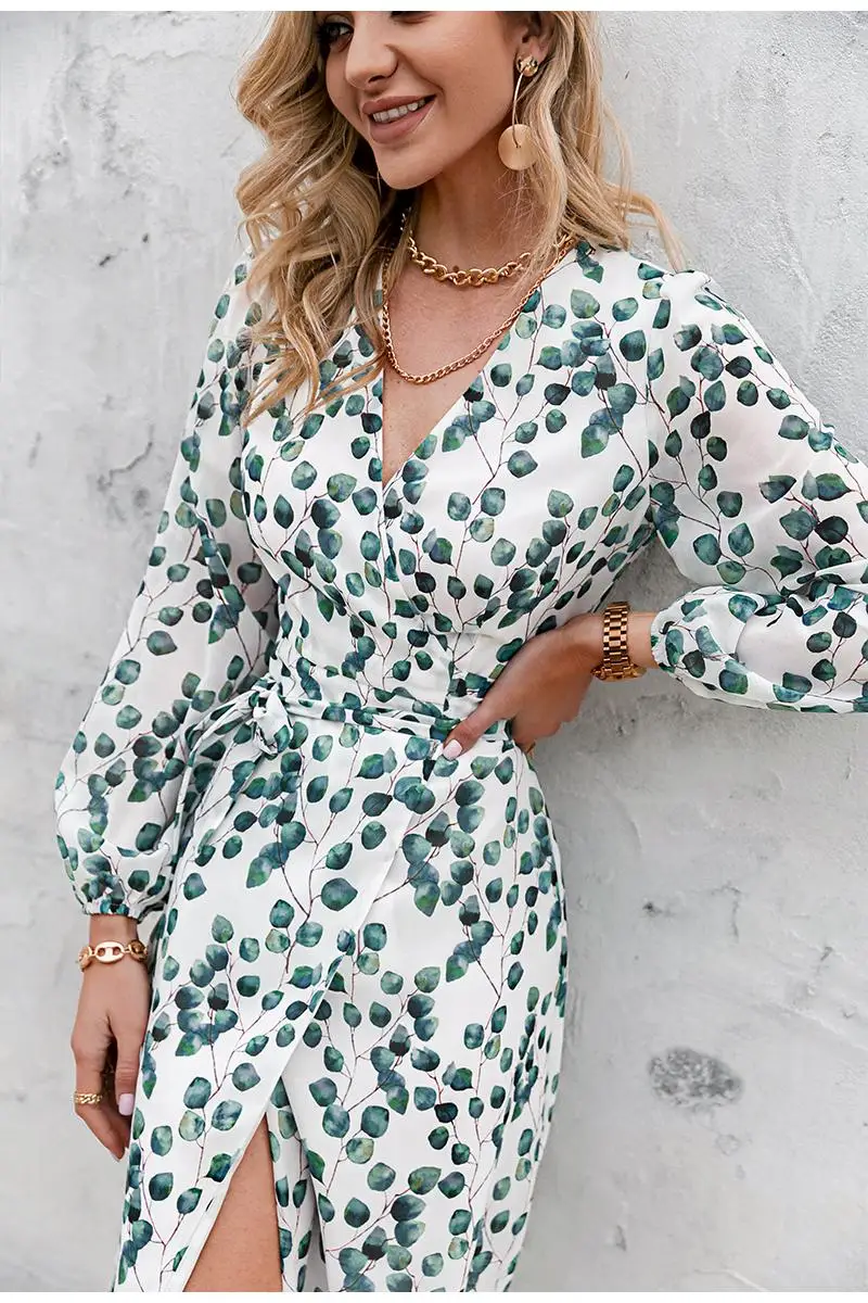 

Spring Long Sleeve V-neck Ladies Dress 2021 Office Wrapped Lace A-line Elegant Green Leaf Printed Dress Sexy
