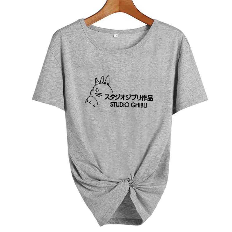 gray-black Студия футболка Ghibli женские топы японский Harajuku мультфильм футболка Милая графическая футболка Топы Черный Белый Размер s-xxl - Цвет: gray-black