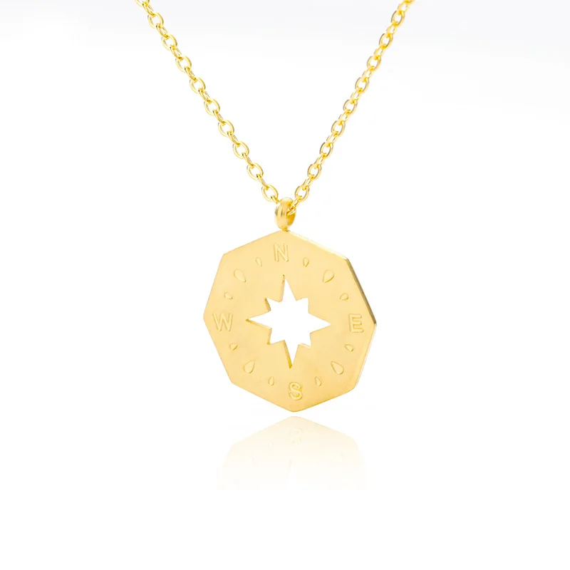 

Gold Compass Necklaces For Women Men Geometric Octagon Hollow Pendant Collier Femme Stainless Steel Chain Jewelry Traveler Gifts